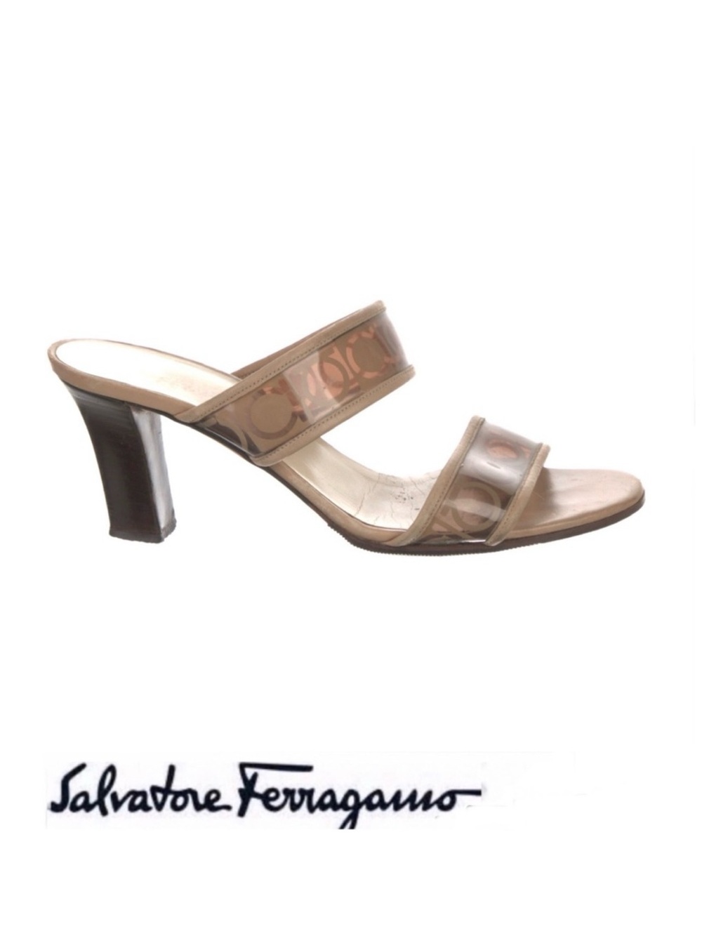 SALVATORE FERRAGAMO Brown Beige Clear Straps Slides Slip On Heels Sandals Sz 7